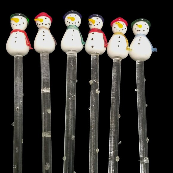 Glass Swizzle Sticks Set-6 Frosty Snowman Holiday's Barware Collection Boston - Picture 4 of 12